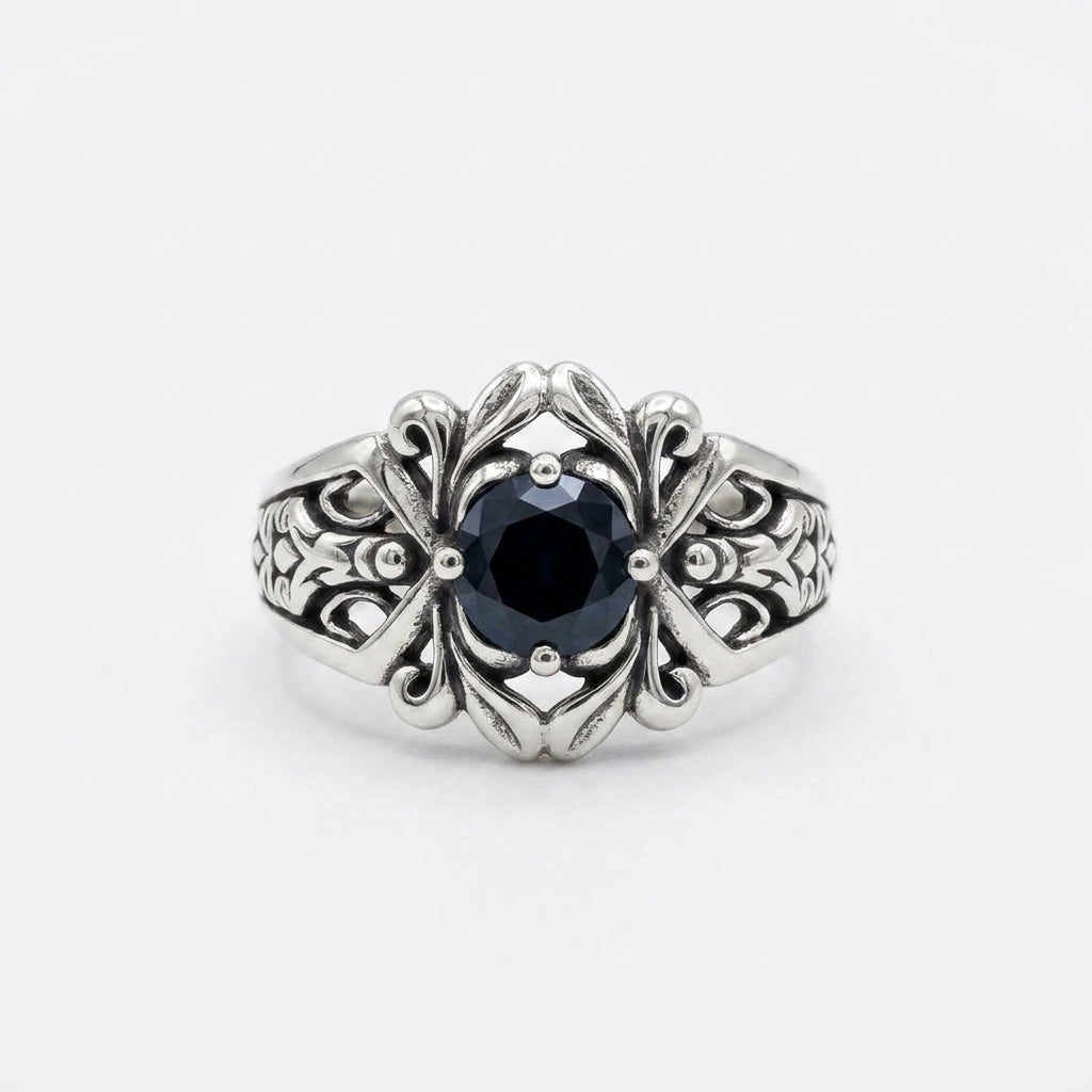 TEZJAW Vintage Dark Gemstone Titanium Ring - Gothic Filigree Design