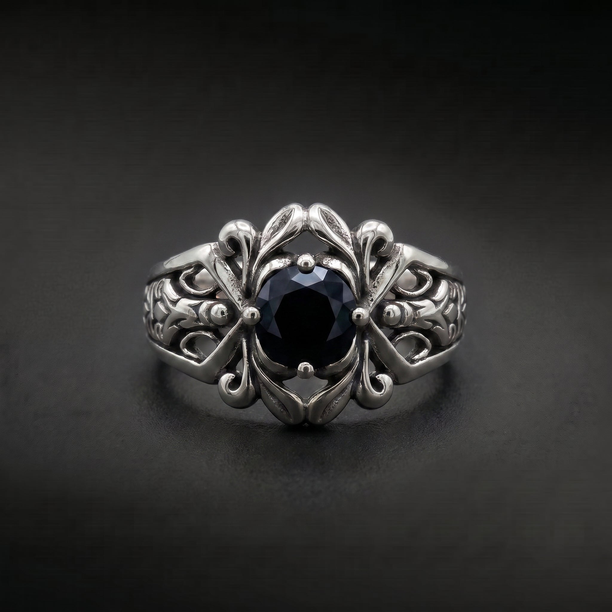 TEZJAW Vintage Dark Gemstone Titanium Ring - Gothic Filigree Design