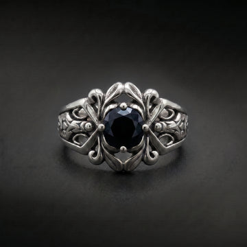 TEZJAW Vintage Dark Gemstone Titanium Ring - Gothic Filigree Design